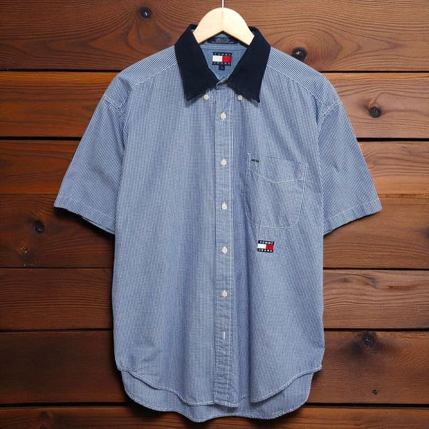 105~110)TOMMY 타미 데님카라 체크 반팔 셔츠