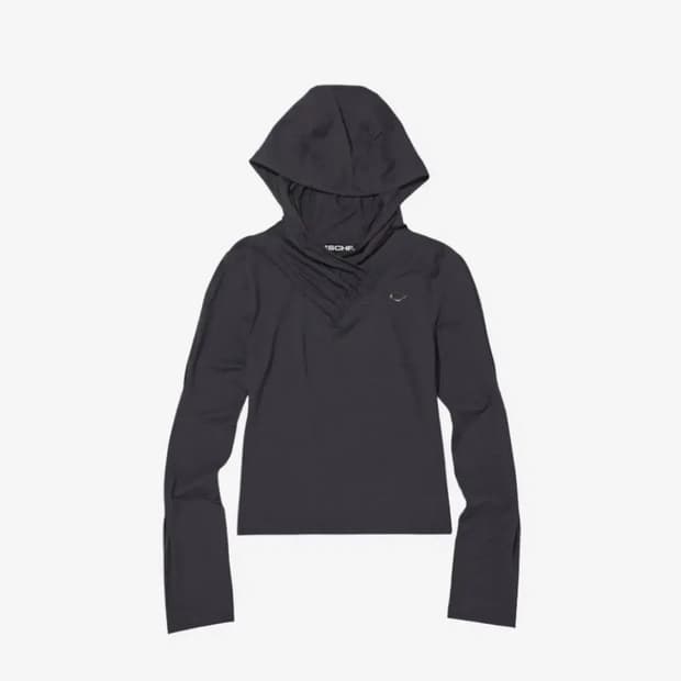 [M] 미스치프 후드 셔링 오버랩 탑 차콜