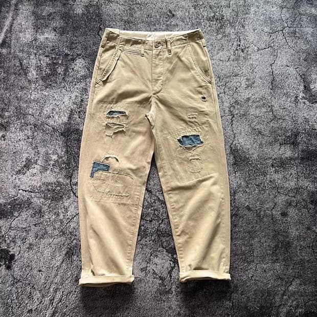 ️️️♦️ COZY / 러기드 코튼 패치워크 빈티지 치노 와이드 팬츠