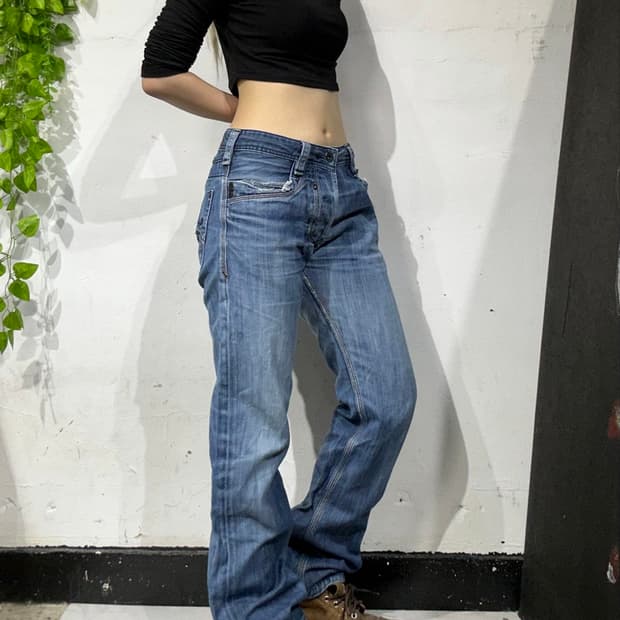 디젤 중청 와이드 워싱 데님 팬츠 청바지