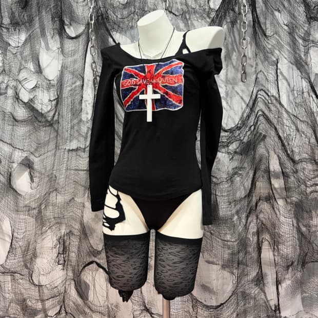 Y2K velvet union jack off-shoulder 