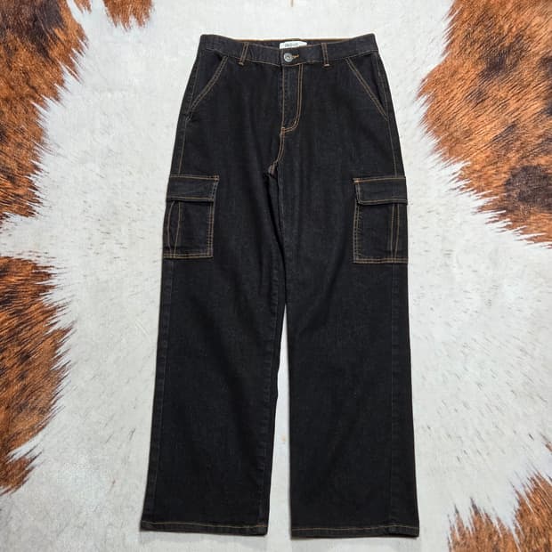 흑청 데님 포켓 카고 와이드 팬츠
