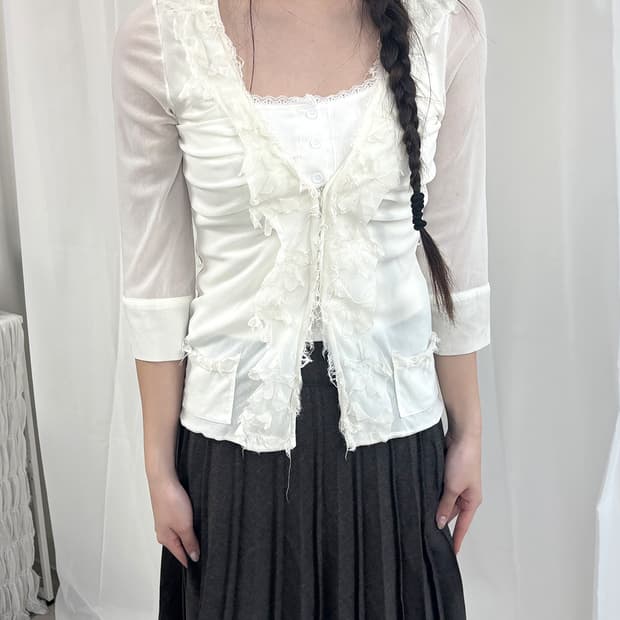 PAOLA FRANI 크리미 셔링 후크 시스루 7부 가디건