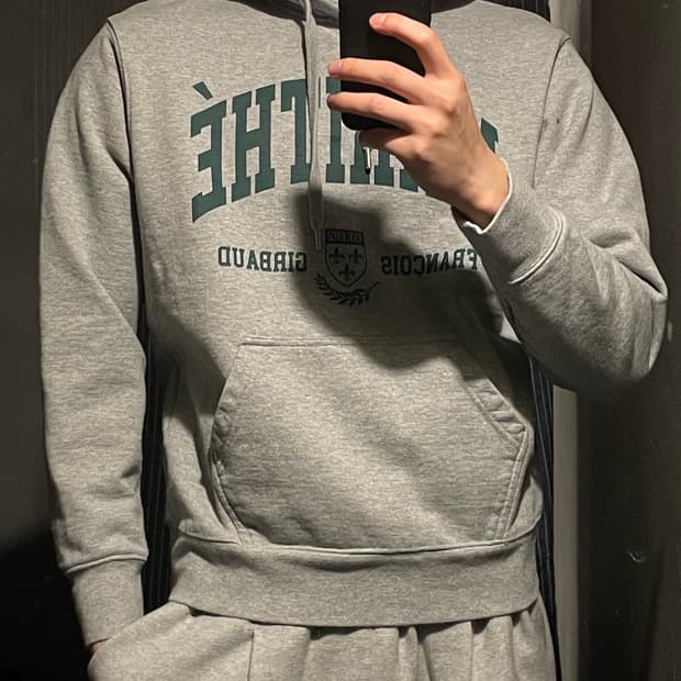 마리떼 프랑소와 저버 그레이 그린 배색 빅프린팅 헤비코튼 후드 티셔츠 M