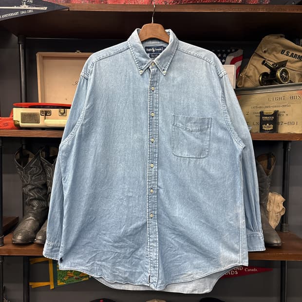 90s 폴로 랄프로렌 빅셔츠 라인 워크포켓 데님셔츠 바텀포니 N1014