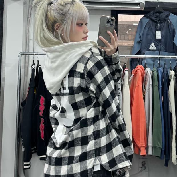 베이프 체크패턴 후드 셔츠