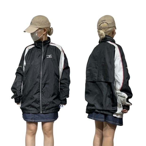 미즈노 블랙 오버핏 화이트 사이드 라인 바람막이 트랙 자켓 L