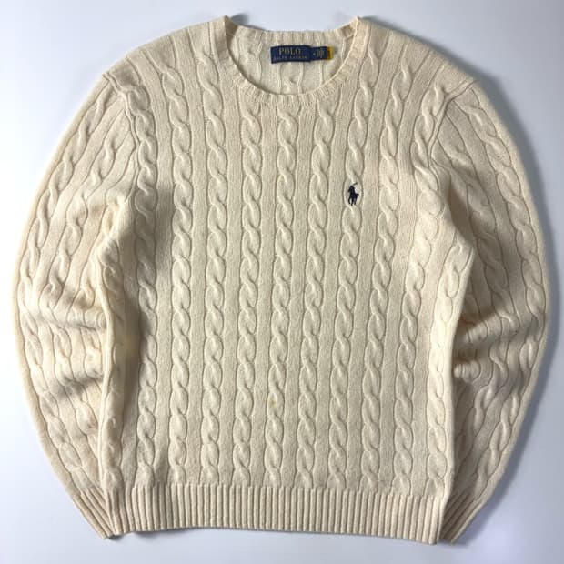 Polo  폴로 랄프로렌 신형 자수 캐시미어 울 크림 꽈배기 니트 