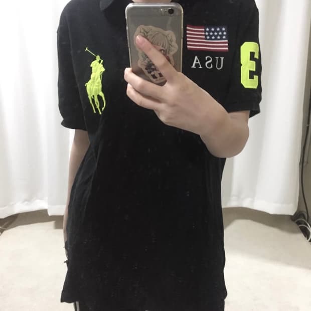 폴로 랄프로렌 블랙 USA 성조기 형광 빅포니 치프키프 카라 반팔 티