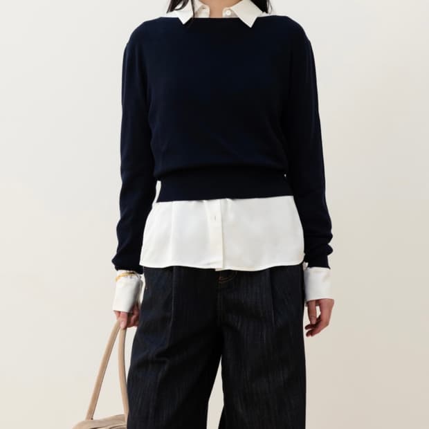 오르 실크 보트넥 풀오버 - 네이비