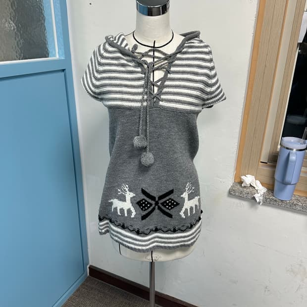 빈티지 모리 폼폼이 니트 반팔 후디