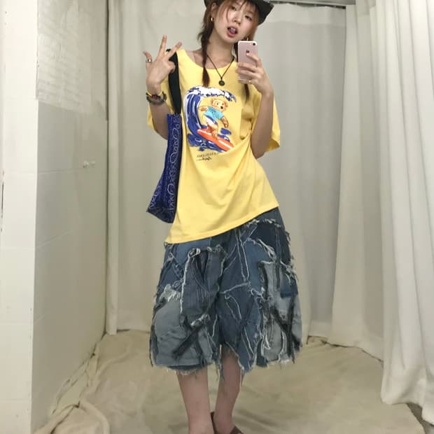 🏄🏻 리메이크 커스텀 데님 팬츠, 옐로우 폴로 코디 세트