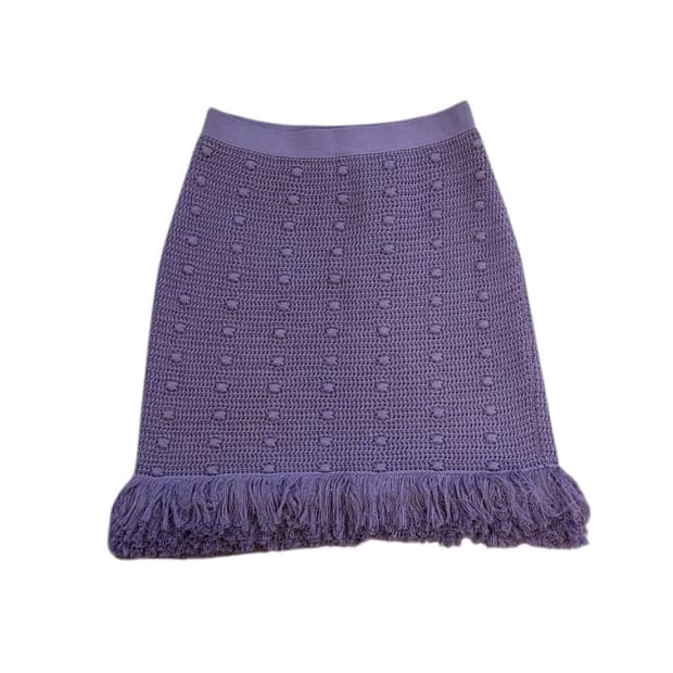 보테가 베네타 퍼플 코튼 크로셰 프린지 헴 니트 스커트