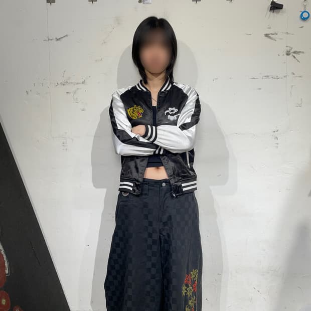 일본빈티지 블랙 용 호랑이 오리엔탈 자수 스카잔 XS