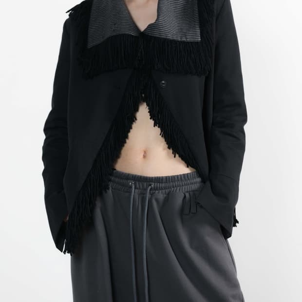 웻태그 프린지 하이넥코튼자켓 블랙