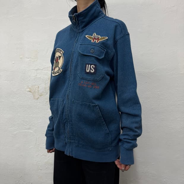 아비렉스(AVIREX) 블루 코튼 US NAVAL 자수 하이넥 집업 자켓
