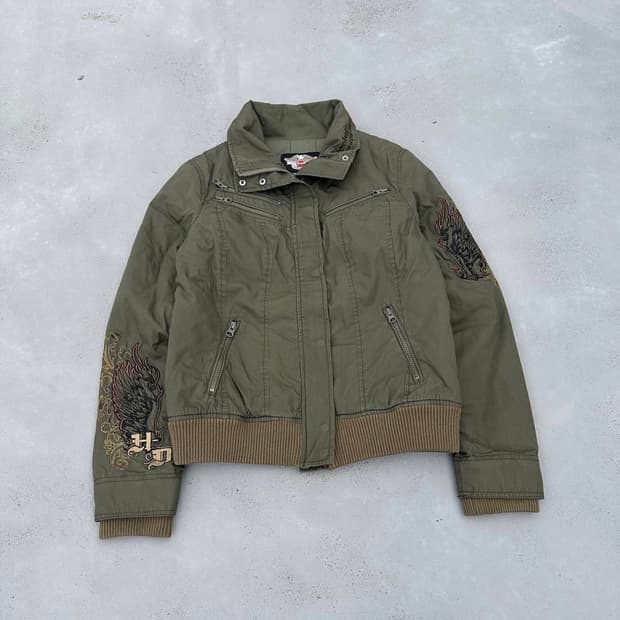 할리데이비슨 로고 자수 크롭 봄버자켓 올리브 카키 y2k