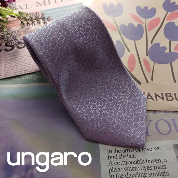 웅가로 실크 퍼플 플라워 자카드 넥타이 8.6cm A+등급 A18642
