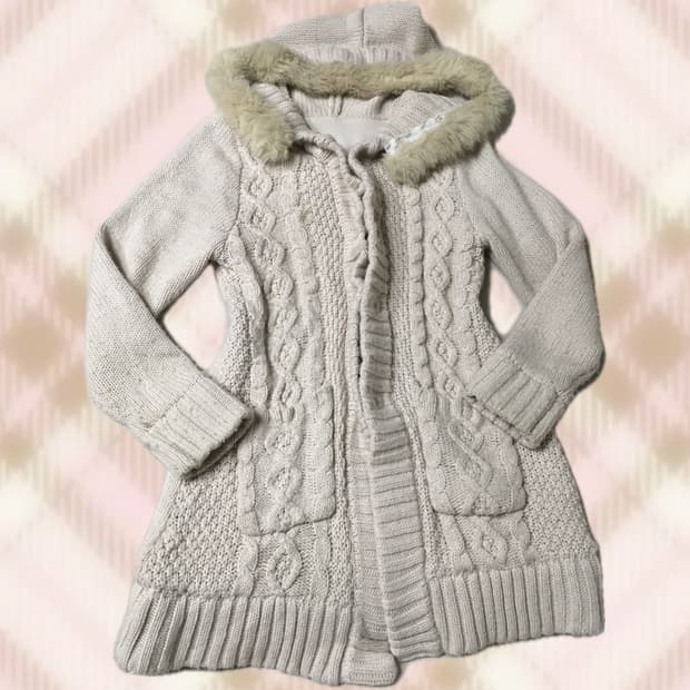 연핑크 꽈배기 니트 퍼 후드 롱 가디건 히메 갸루 러블리 로걀 빈티지