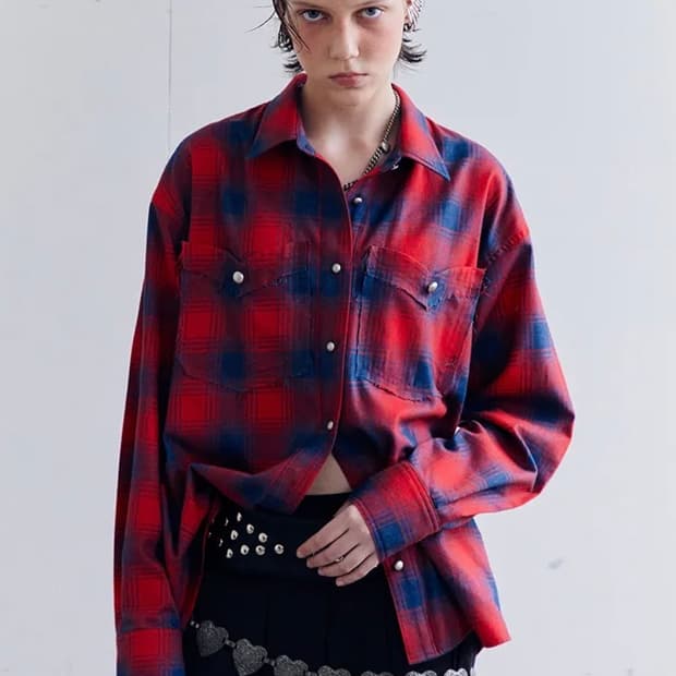 데어드 실버 버튼 체크 셔츠