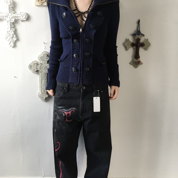 Double button high neck blue knit zip up