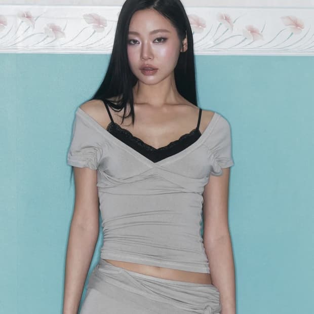 플리즈노팔로우 마린 스트랩 셔링 숏 슬리브 탑 애쉬 베이지