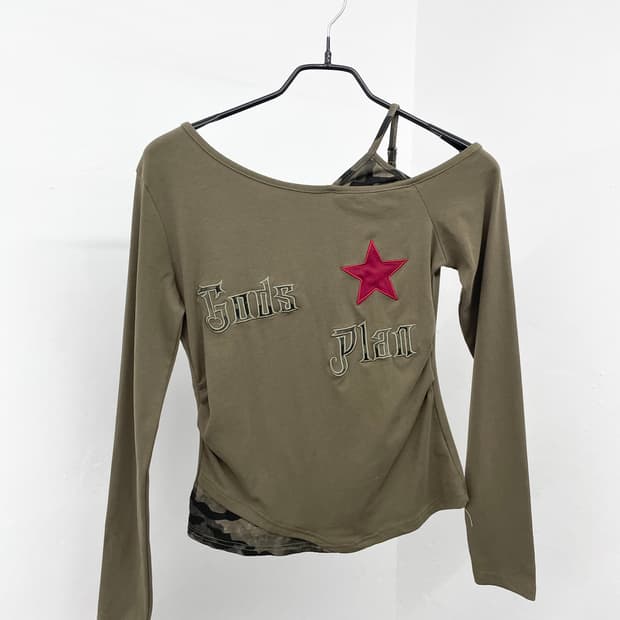 y2k 원숄더 카모 레이어드 슬리브