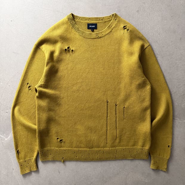 Beams Damaged Loose Crew Neck Knit