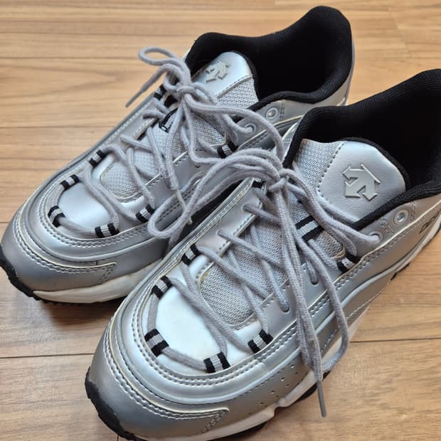 전체적으로 실버 색상인 데상트 등산화입니다. 사이즈는 245mm입니다. 