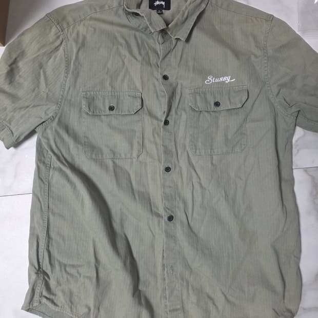 Stüssy 헤링본 워크 반팔 셔츠 카키 L
