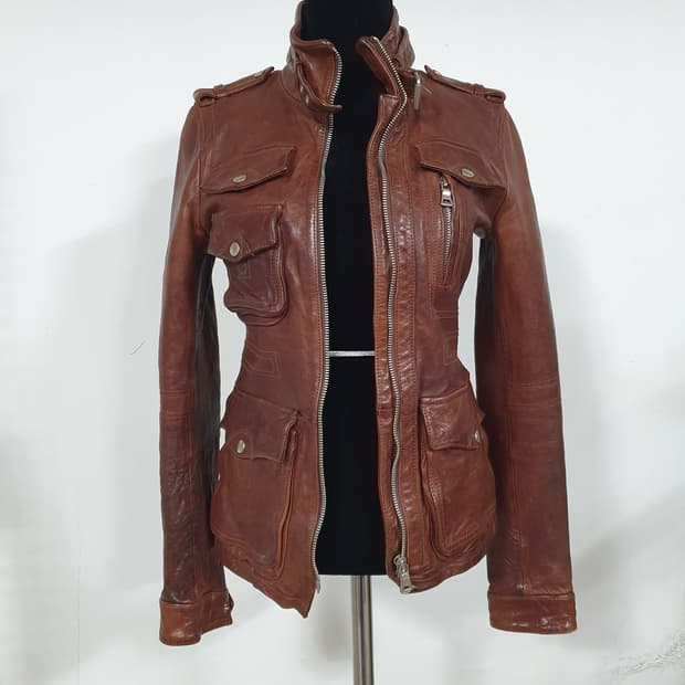 빈티지 그런지 양가죽 램스킨 딥브라운 하이넥 라이더 자켓 갸루 펑크