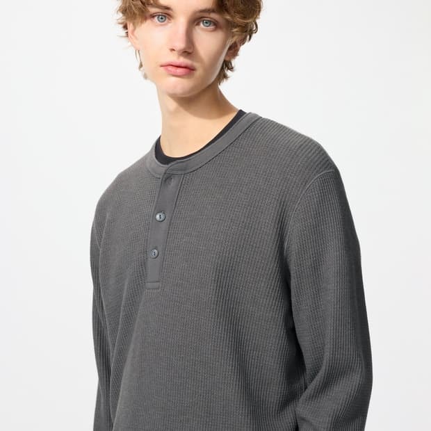 [L] 유니클로 와플 헨리넥T 긴팔 07그레이, 65블루 네이비