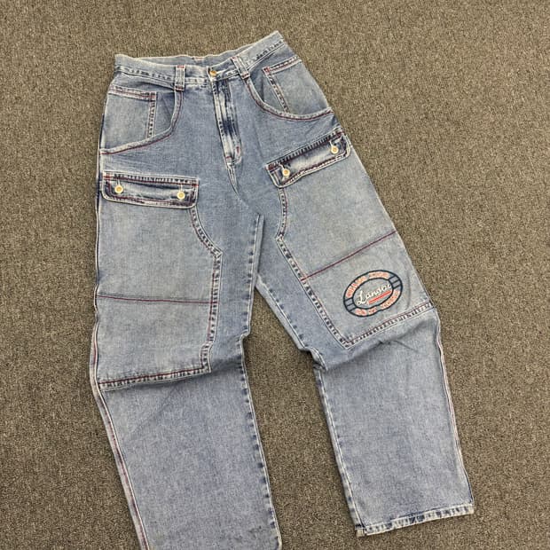 XL) Lang QI 빈티지 y2k 올드스쿨 데님 더블니 워크팬츠