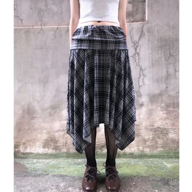 빈티지 언발 체크 미디 스커트 vintage midi skirt