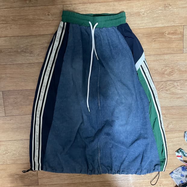 데님 청 믹스 패치 커스텀 롱스커트 치마