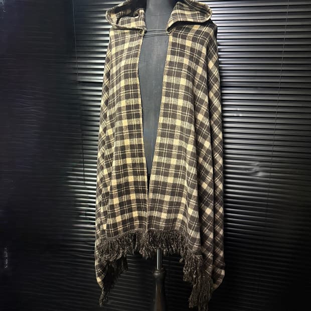 타탄 체크 브라운 베이지 후드 후디 울 망토 일본 모리걸 케이프 목도리