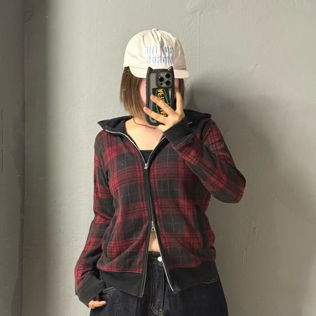 tartan check pattern 2-way hood zip-up