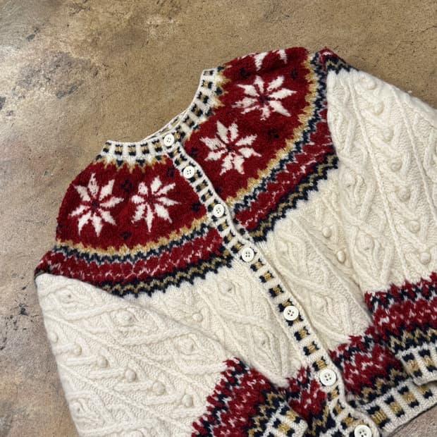 빈티지 모리 화이트 레드 꽈배기 니트 가디건