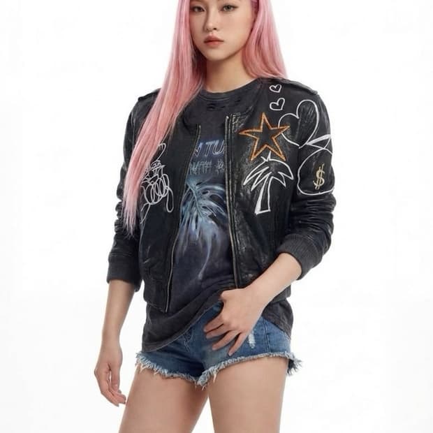 Skoloct  페인티드 여성 크롭 양가죽 바이커자캣