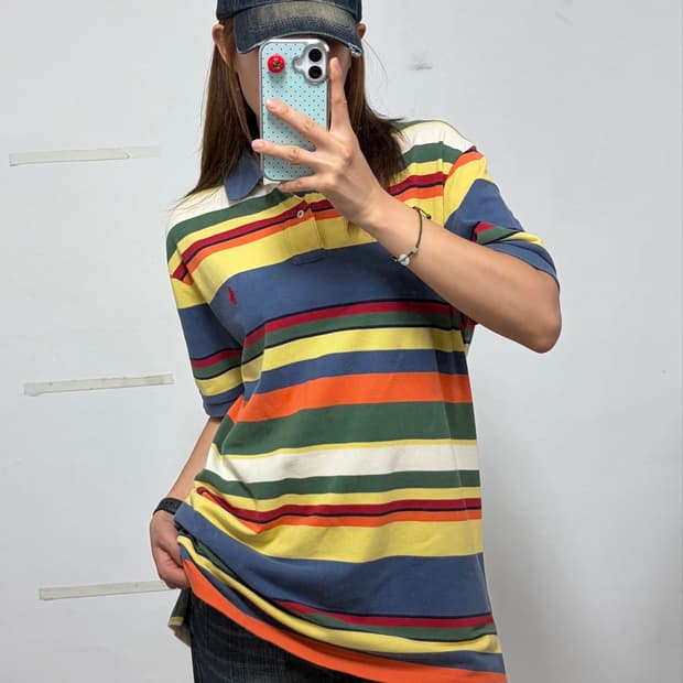 폴로 랄프로렌 포니로고 커스텀핏 멀티 스트라이프 반팔 카라 티셔츠