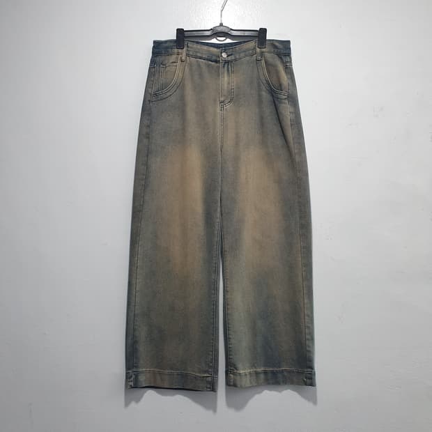2XL) 빈티지 워싱 데님 팬츠 바지 샌드 스톤 와이드 청바지 33-34