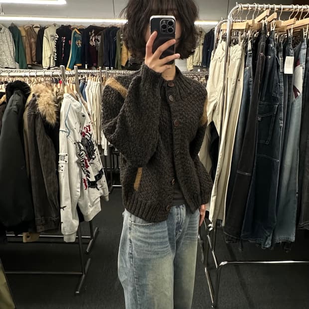 OS)Japanese vintage 울 배색 니트 가디건