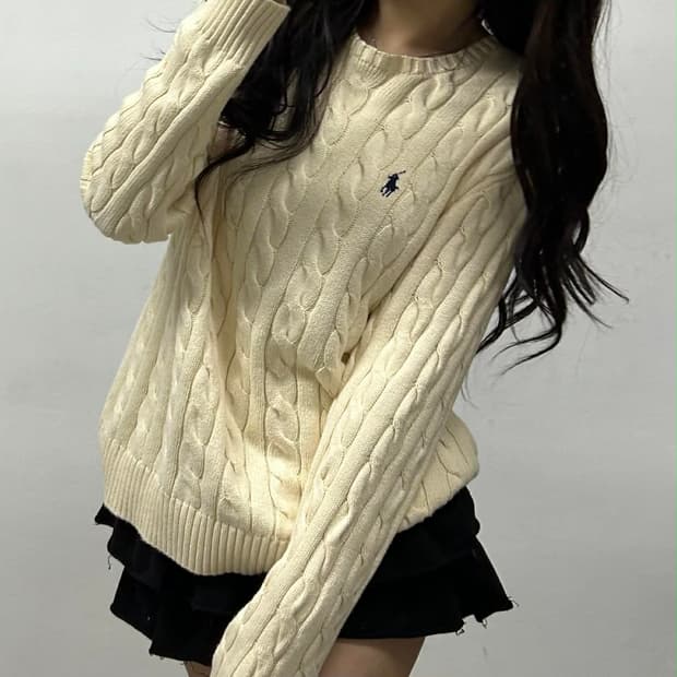 폴로 랄프로렌 신형 큐알택 아이보리 케이블 크루넥 니트 스웨터(M)