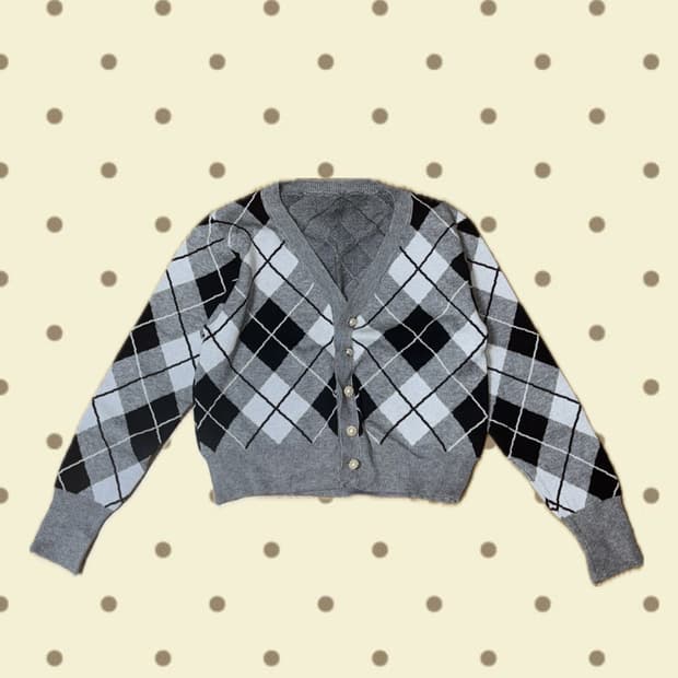 빈티지 그레이 아가일 패턴 진주 가디건
