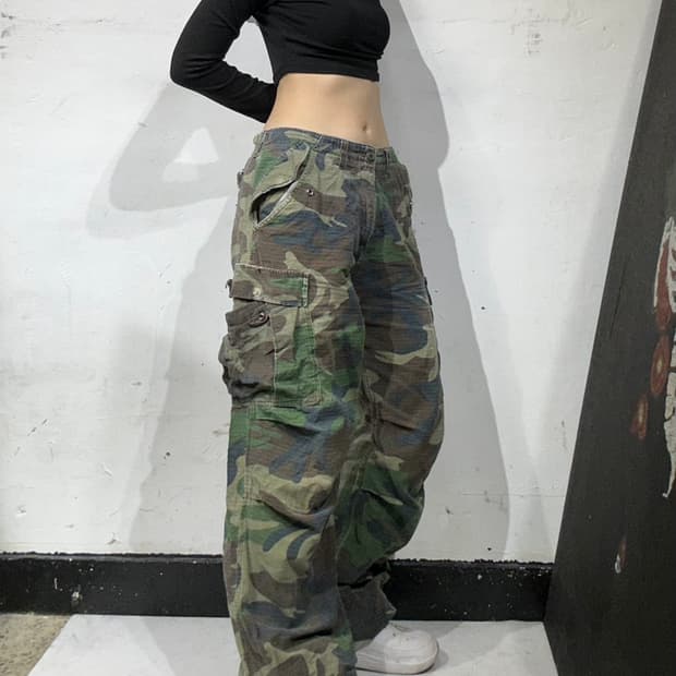 빈티지 카키 와이드 립스타 밀리터리 카고 팬츠  
