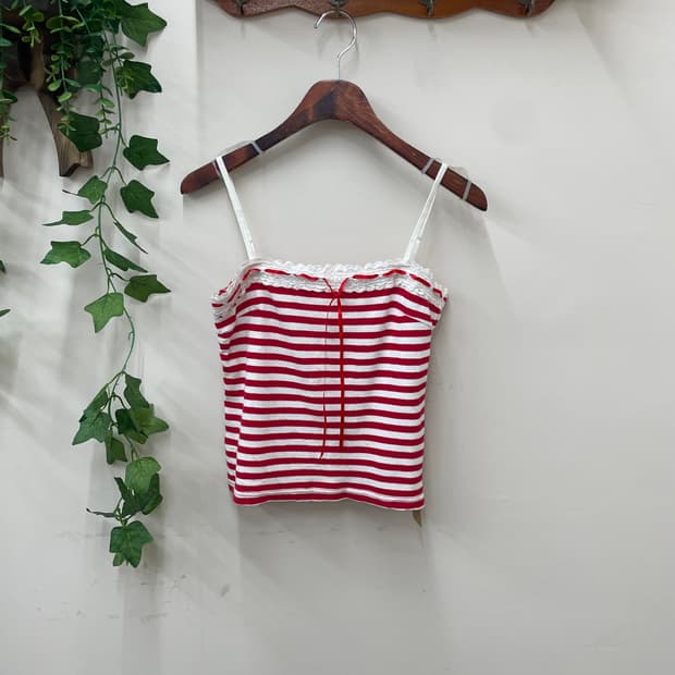 히메갸루 러블리 발레코어 코케트 레드 스트라이프 레이스 리본 나시