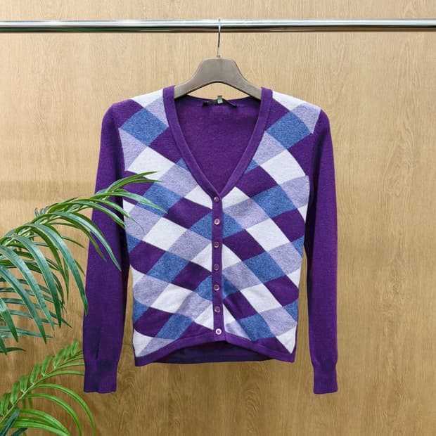 막스마라 위켄드 브이넥 니트 가디건 아가일 패턴 배색 디테일 퍼플