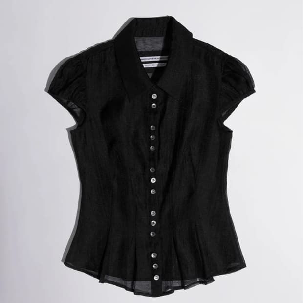 Sheer Pleated Hem Blouse Black-s
