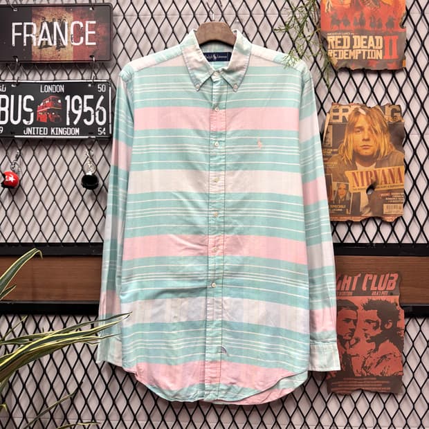 폴로 랄프로렌 멀티컬러 스트라이프 긴팔 셔츠 핑크 포니 로고 포인트