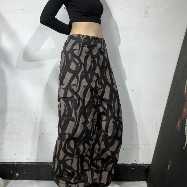 일본 빈티지 베이지 밀리터리 카모 트라이벌 테라 카고 와이드 팬츠 XL